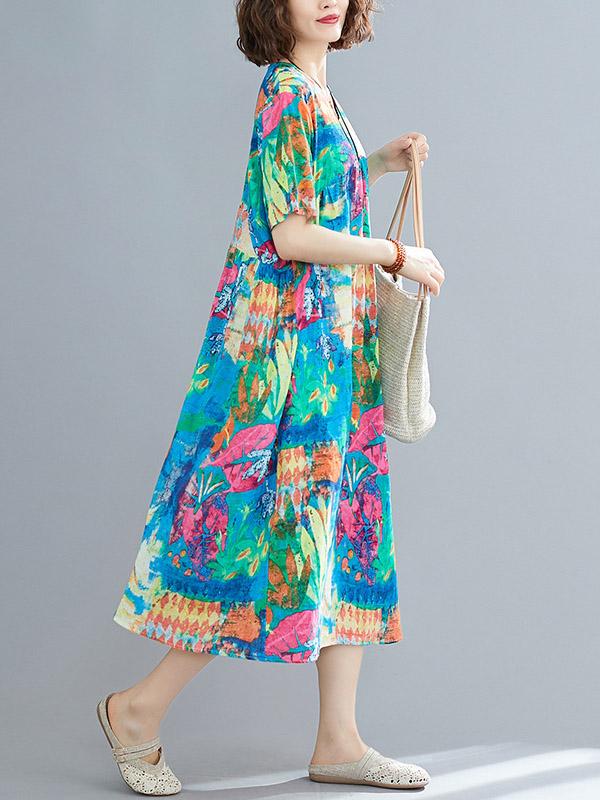 Loose Floral V Neck Dress