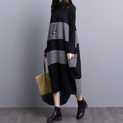 Loose Color Block Striped Knitted Turtleneck Midi Dress