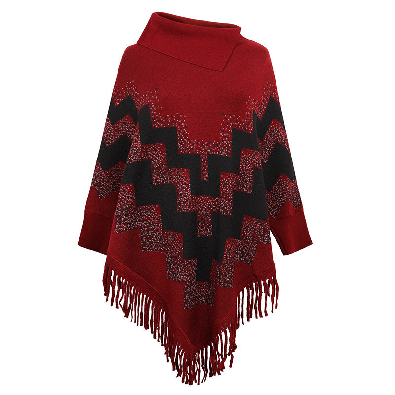 Loose Tassel Abstract Printed Knitted Shawl Sweater