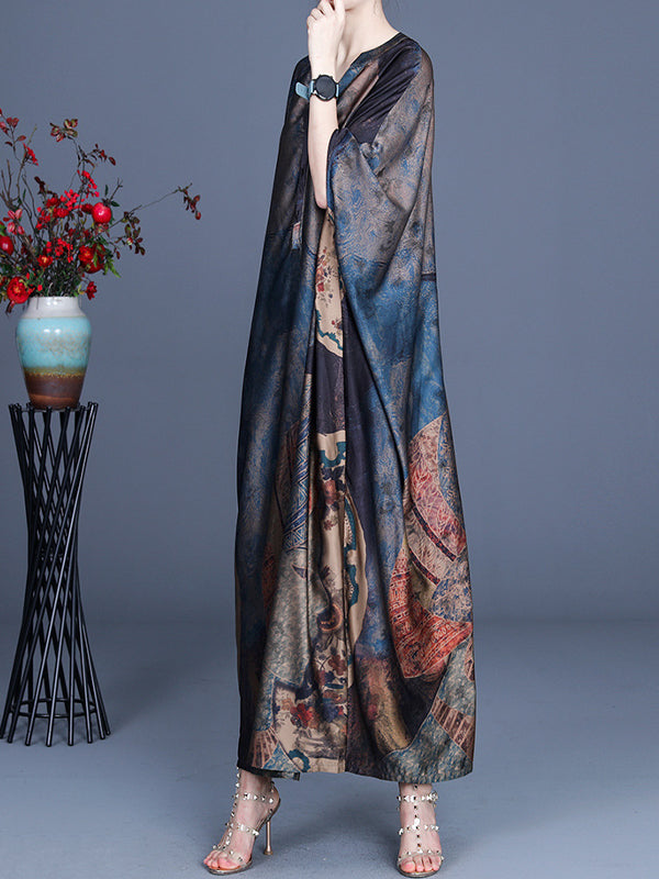 Retro Print Stitching Irregular Dress