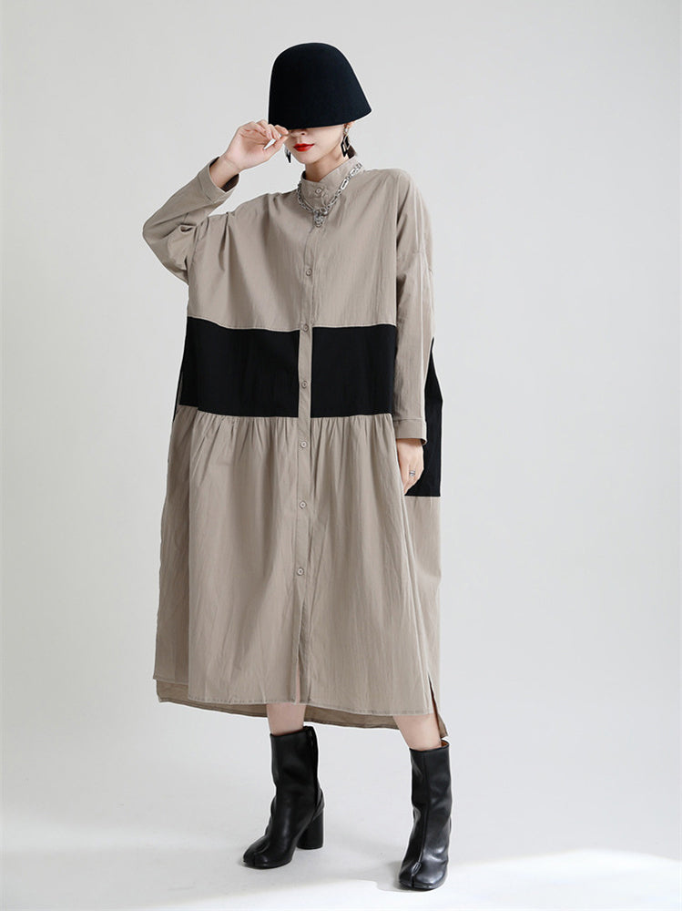 Stitching Contrast Color Loose Big Swing Long Sleeve Dress