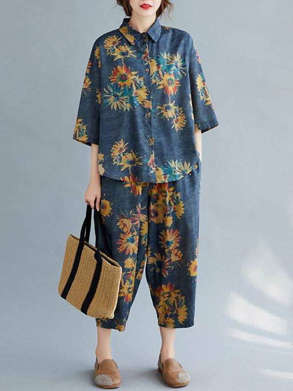 Casual Floral Shirt Blouse Tops+Harem Pants Suits