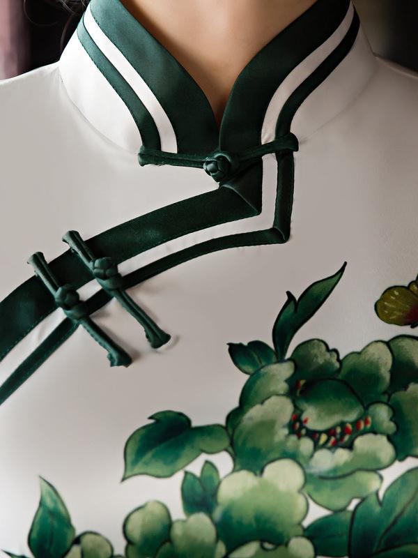 Green Flower Side Split Long Cheongsam