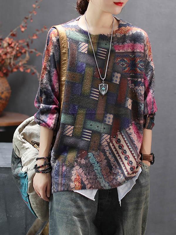 Loose Ethnic Style Print Round Neck Sweater