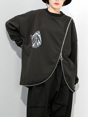 Women Zipper Pullover Irregular Sweatshirt