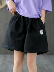 Embroidered Loose Solid Lace-Up Shorts