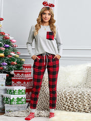 Christmas Color-Block Plaid Top & Pants Pajamas Set