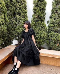 Puff Sleeves Solid Summer Short Sleeves Midi Dress