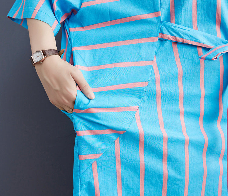 Women Color Matching Striped Loose Casual Shirt Dress