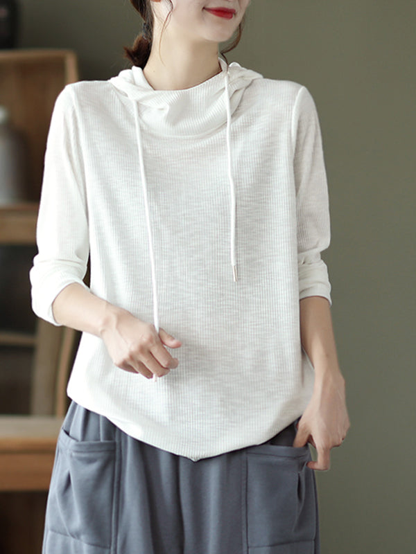 Solid Color Pit Striped Hooded Loose T-Shirt