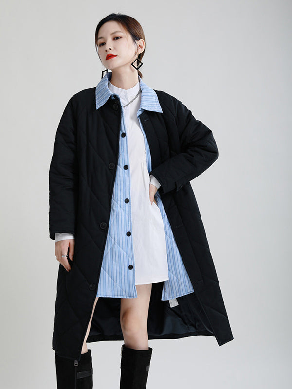 Retro Splicing Lapel Collar Midi Cotton Outwear