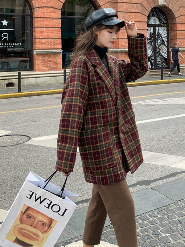 Plaid Suit Collar Short Casual Woolen Coat