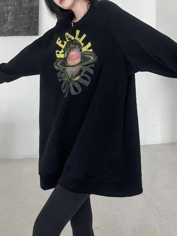 Stamped Split-Joint Long Sleeves Roomy Round-Neck Sweatershirt