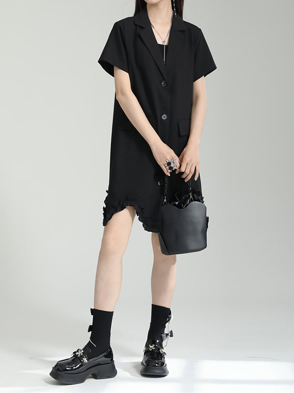 Irregular Clipping Short Sleeves Pure Color Notched Collar Mini Dresses