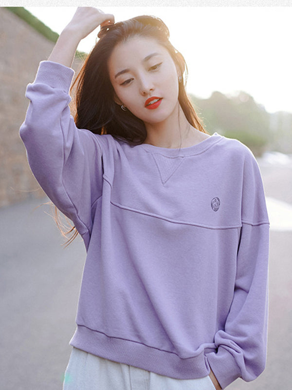 Women Round Neck Solid Color Loose Pullover Sweater