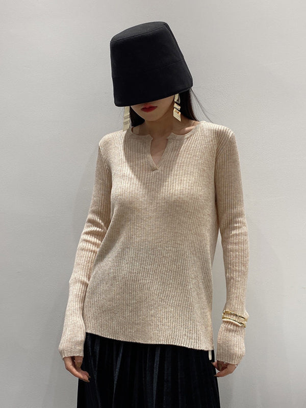 Women Pullover Solid Color Slim Fit V-Neck Sweater