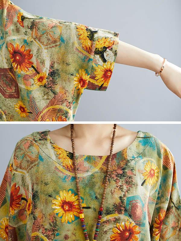 Artistic Retro Floral Round-Neck Dress