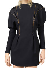 Zipper Split-Joint Round-Neck Mini Dress