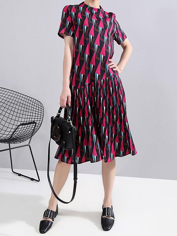 Rhomboid Print Pleat Round Neck Dress