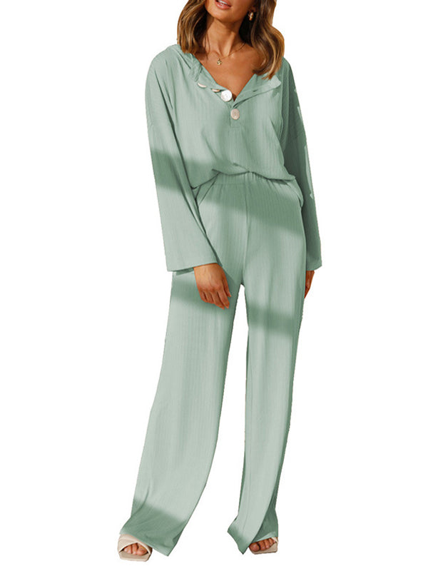 Casual Loose Solid Color V-Neck Long Sleeve Top & Pants Pajamas Set