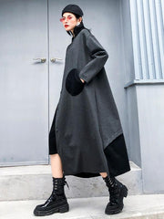 Splicing Color Loose Long Hooded A-Line Dress