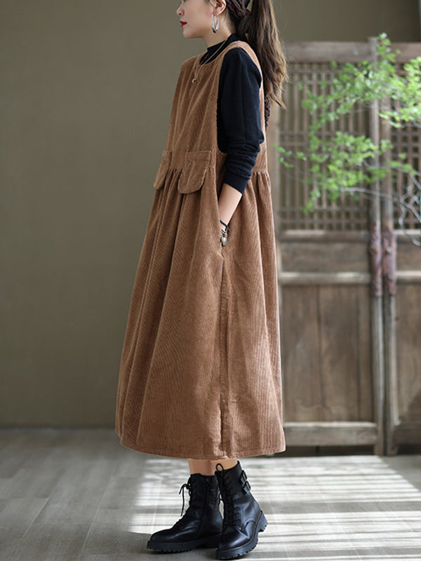 Round Neck Solid Loose Corduroy Midi Dress