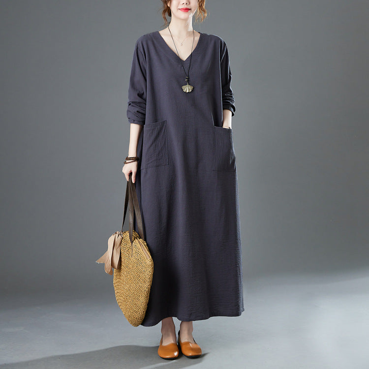 Vintage Solid Color V-Neck Midi Dress