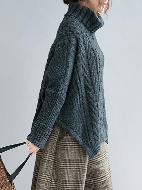 Cable- Knit High-neck Solid Loose Sweater