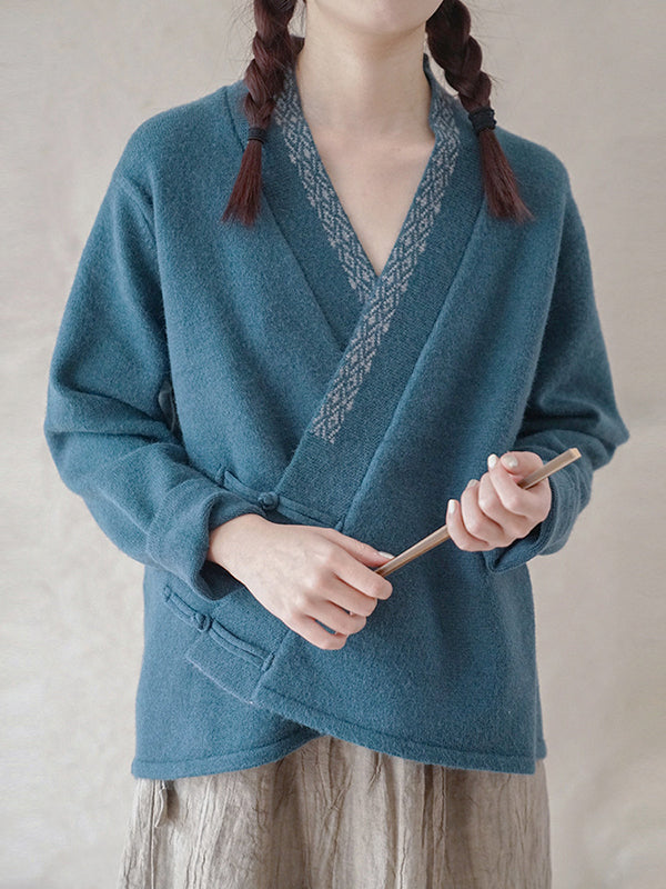 Vintage Neckline Embroidered Knit Cardigan Sweater