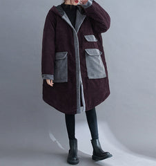 Loose Corduroy Large Pockets Thick Hooded Mid-Length Cotton Coat