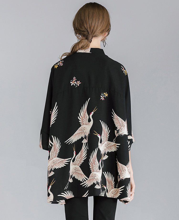 Crane Print Loose Oversized Shirt