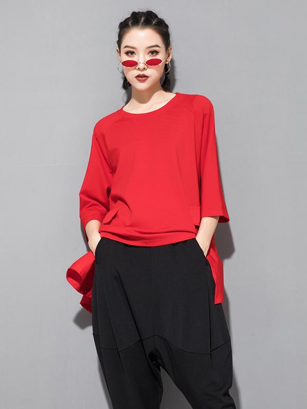 Solid Color Cropped Loose Batwing Sleeve  T-Shirt