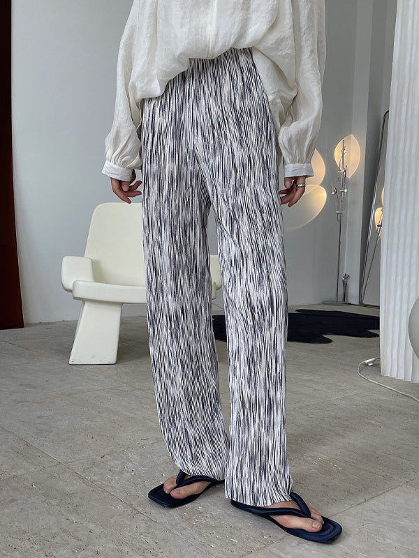 Tie-Dye Pressed Pleated High Waist Straight Tube Wide Leg Trousers
