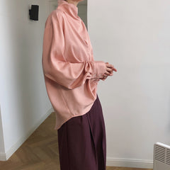 High Neck Solid Color Long Sleeve  Blouses  Shirt  Top