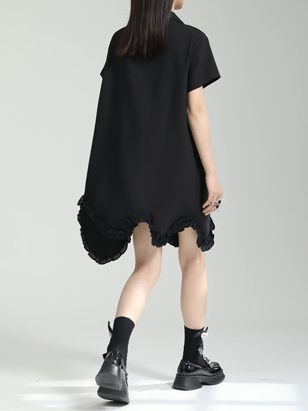 Irregular Clipping Short Sleeves Pure Color Notched Collar Mini Dresses