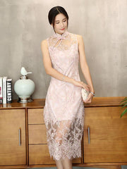 Pink Lace Embroidered Long Cheongsam