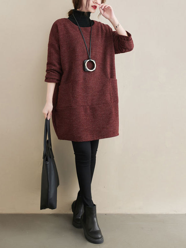 Round Neck Solid Color Stitching Knitted Cotton  Midi Dress