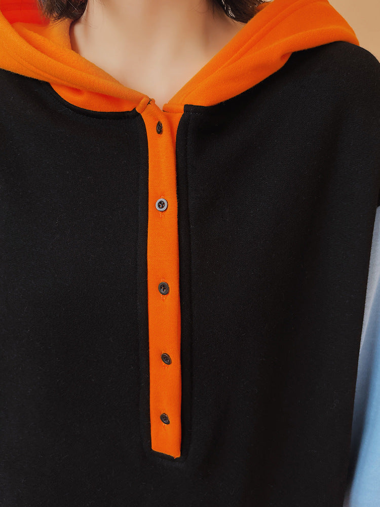 Loose Plus Size Contrast Color Hooded Midi Dress
