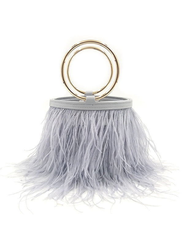 Ostrich Fur Tassel Metal Circle Handbag