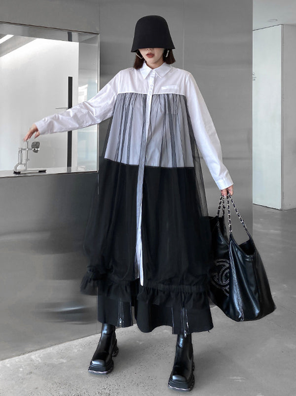 Fashion Roomy Contrast Color Mesh Split-Joint Lapel Midi Dresses