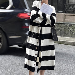 Black And White Contrast Color Striped Long Knitted Coat