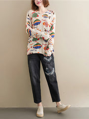 Women Retro Print Loose Knit Sweater