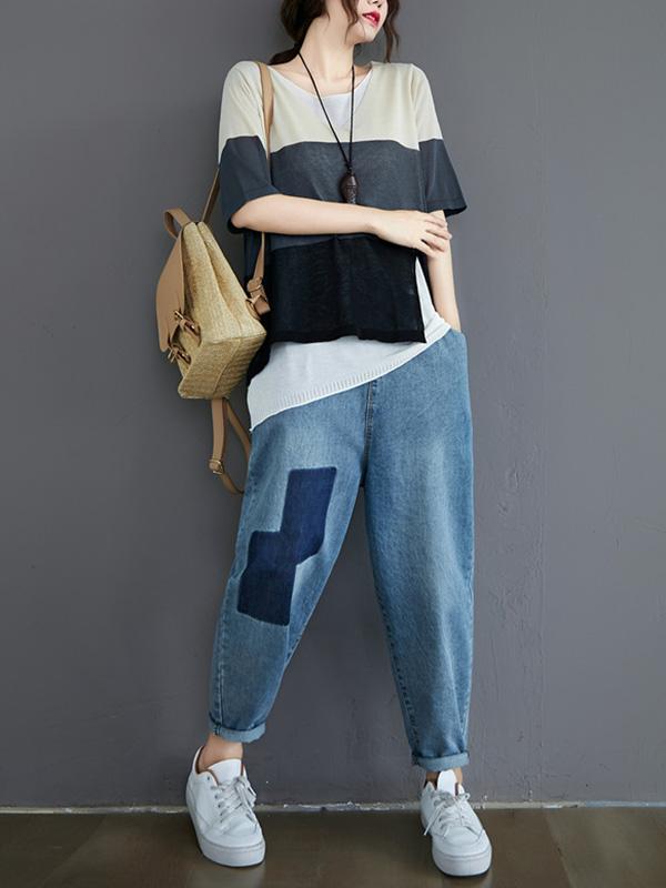 Loose False-Two Light Knitting Striped T-Shirts