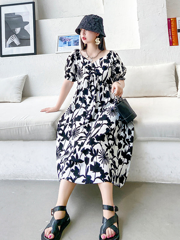 Women Puff Sleeve Waist Floral Dress