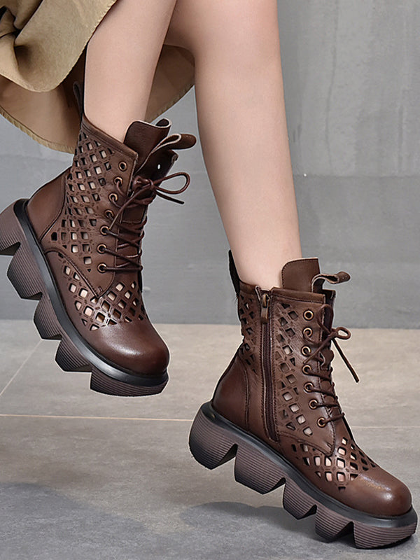 Hollow Thick Bottom Lace Up Round Toe Hole Cool Boots