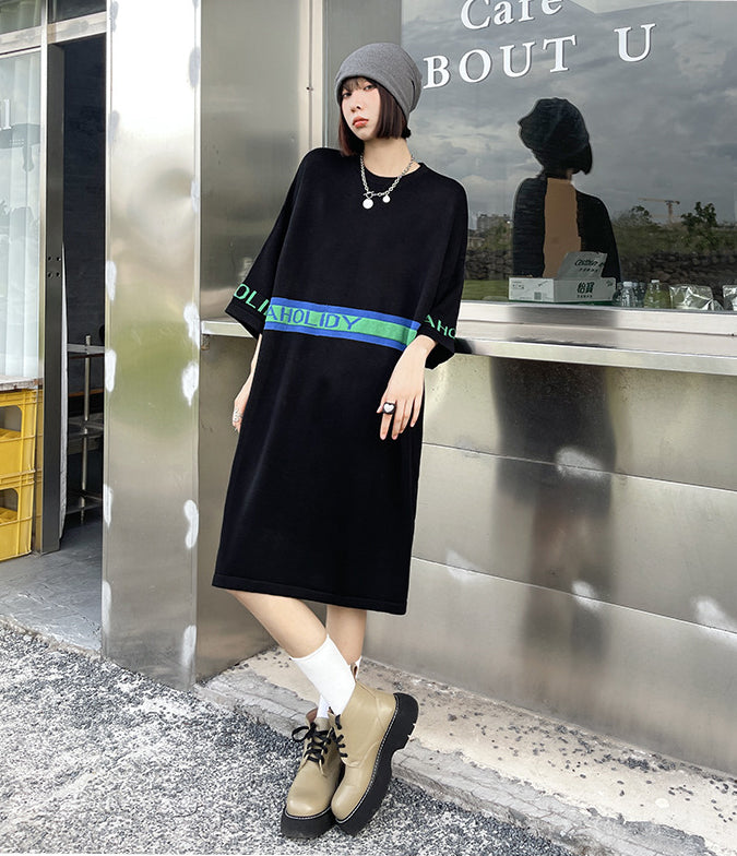 Loose Jacquard Letters Casual Knit Midi Dress