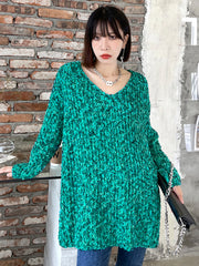 Loose V-Neck Long Sleeve Solid Color Knitted Sweater