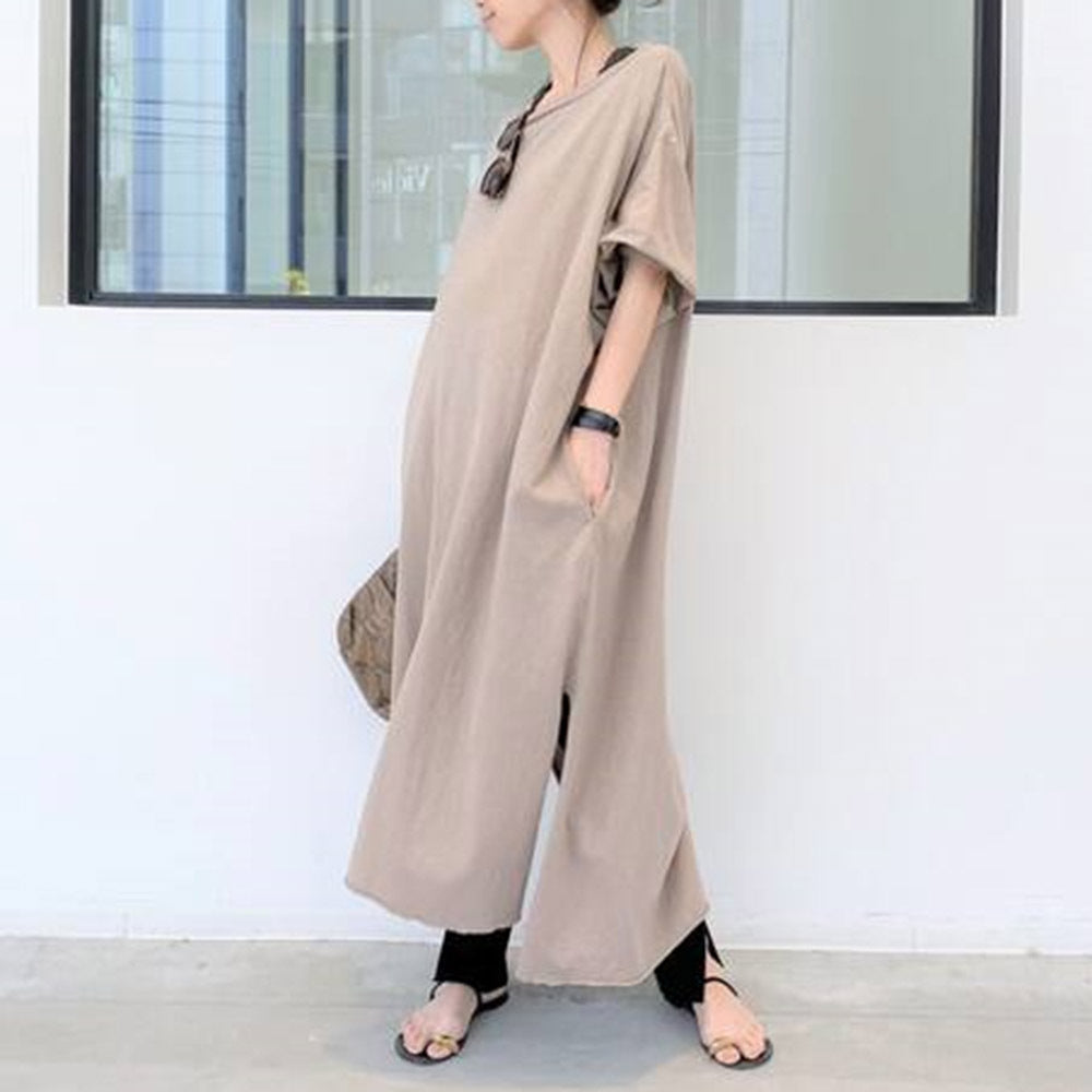 Round-Neck Solid Splited Maxi Dress