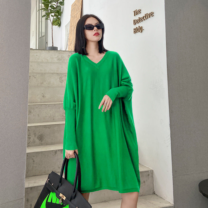 Loose V-Neck Bat Sleeve Sweater Dress