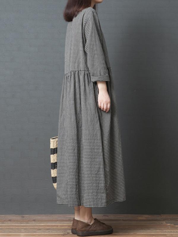 Cute Naional Plaid Red Button Long Dress